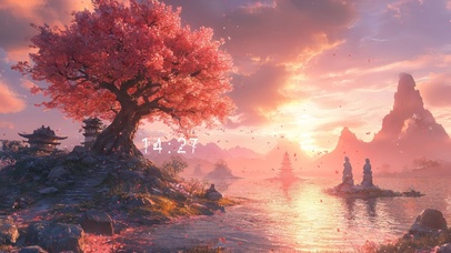 唯美夕阳湖上樱花树