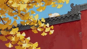 清新古风红墙银杏猫咪