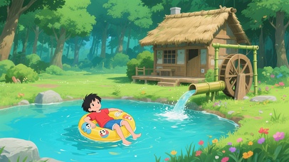 动漫风夏日水池玩耍