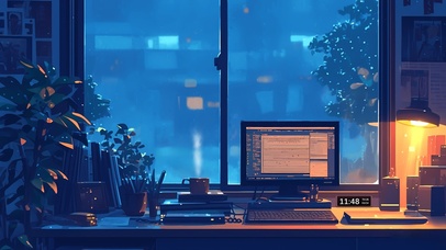 4K温馨治愈动漫雨夜书房