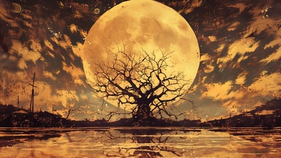 异世界静谧圆月孤树