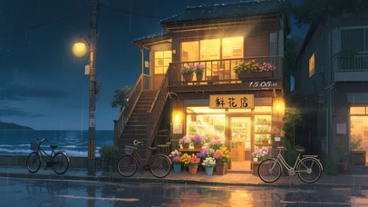 雨夜海边鲜花店