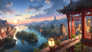 晚霞江南古阁