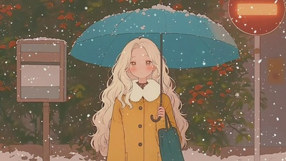 雪中等车的少女