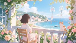 海边小屋女孩与猫咪