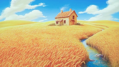 溪边麦田小屋