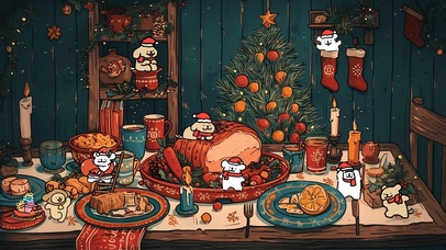 线条小狗圣诞夜