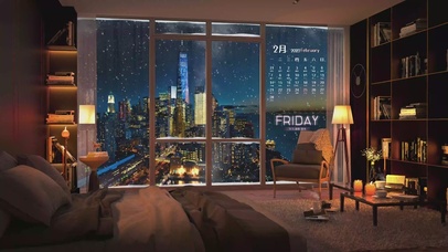 4K温暖舒适的卧室雪景