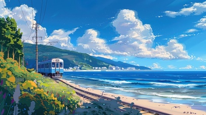 夏日长空海边列车