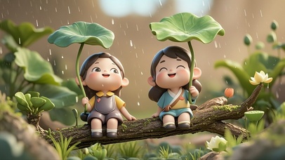 可爱躲雨小女孩