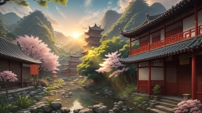 山中傍晚古风建筑