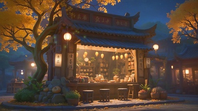 秋日夜晚树下小店