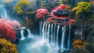 山泉瀑布樱花