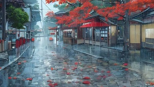 雨中小镇街景