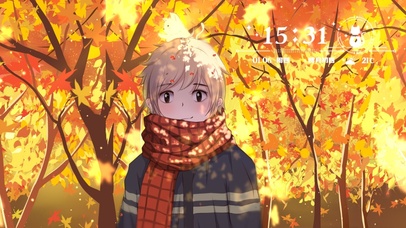 秋枫下头顶着小猫咪在等待的少年