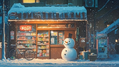 冬夜雪人便利店