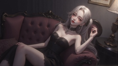 神秘黑裙：红沙发上的冷艳佳人