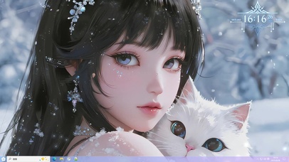 雪中的抱着猫的少女