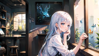 午后黄昏房间白发少女