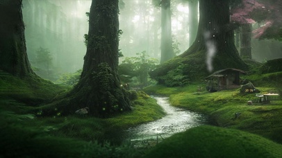 森林雾气溪流木屋