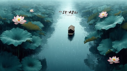 下雨荷塘小船
