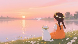 看夕阳的女孩和猫咪
