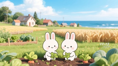 海边村庄菜园里拔萝卜的小萌兔