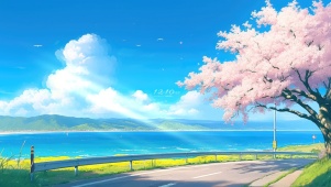 4K春天樱花公路海景