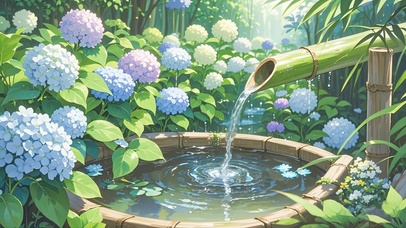 森林中的绣球花流水