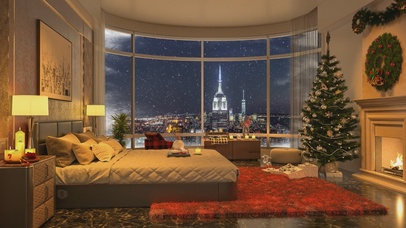 唯美治愈城市夜晚雪景房间