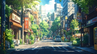 绿色暖阳夏日城市街道