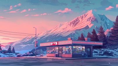 晚霞下的雪山便利店