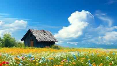 美丽花田小木屋