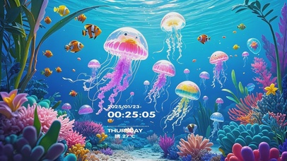 卡通海底世界水母小鱼在游