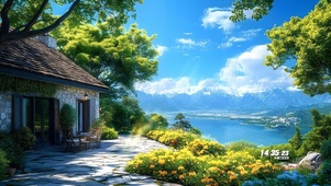 护眼清新山上房屋