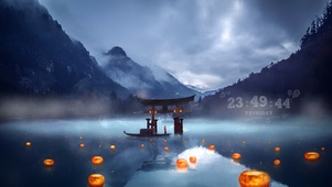 清晨高山湖泊神社小舟