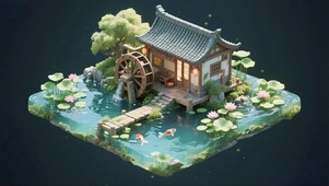 水车荷塘锦鲤小屋