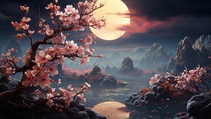 魅力夜景 月下花开 湖光水面