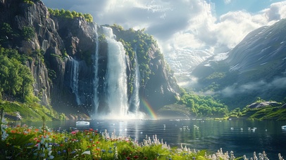 挪威峡湾的瀑布