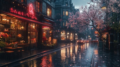 雨夜朦胧城市街景