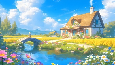 春天桥边小屋