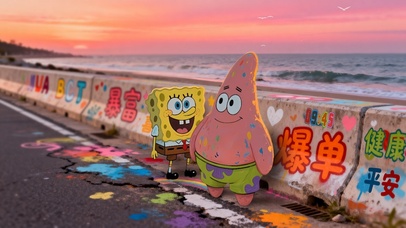 涂鸦海岸边的海绵宝宝派大星