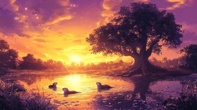 晚霞里的森林小水獭