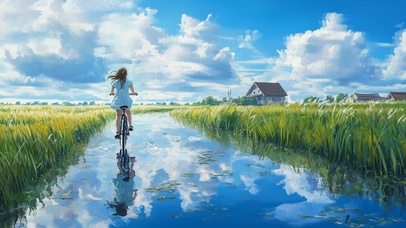 积水路面骑行的女孩