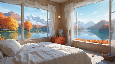 秋天卧室窗外的湖光山色