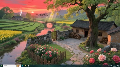 晚霞石墙乡村院落