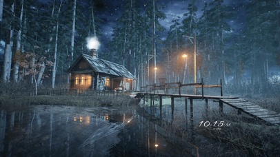 冬日雪景冰湖木屋