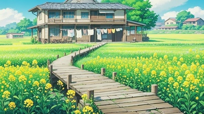 油菜花木栈道小屋