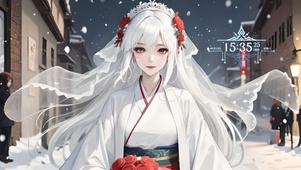 唯美雪中街道婚纱美女