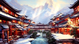 雪山下的中式古镇